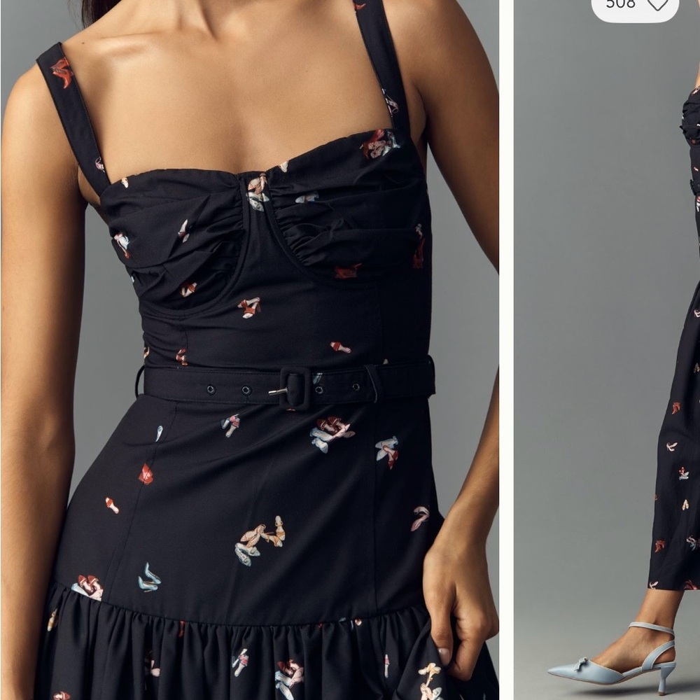 NWT En Saison Belted Drop Waist Black Midi Dress with playful heel pattern - Picture 3 of 12